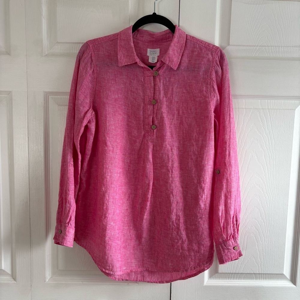 Sigrid‎ Olsen M 100% Linen Coral Pink Blouse Tunic Top Lagenlook Coastal Vacay